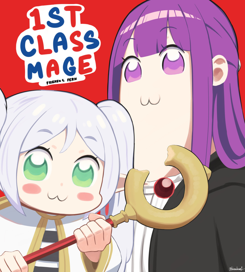2girls :3 absurdres bkub_(style) black_coat blunt_bangs blush_stickers capelet coat commentary dress english_commentary fern_(sousou_no_frieren) frieren gold_trim green_eyes highres kion-kun long_hair multiple_girls open_clothes open_coat parody poptepipic purple_eyes purple_hair red_background shirt sousou_no_frieren striped_clothes striped_shirt twintails upper_body white_capelet white_dress white_hair