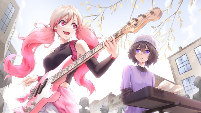 2girls bass_guitar blonde_hair breasts brown_hair closed_mouth glasses hair_between_eyes highres holding_bass instrument keyboard_(instrument) levana_violette_(lusan666) long_sleeves low_twintails lusan666 medium_breasts midriff multicolored_hair multiple_girls open_mouth original pink_hair purple_eyes purple_shirt shirt twintails