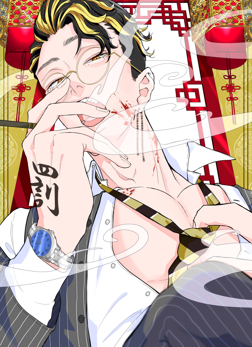 1boy absurdres architecture bangs_pinned_back black_hair blood blood_on_face blood_on_neck buttons collared_shirt earrings east_asian_architecture franz0224 from_below glasses grey_suit grey_vest hand_on_own_chest hand_tattoo hand_to_own_mouth hanma_shuuji highres jewelry looking_at_viewer loose_necktie male_focus multicolored_hair necktie necktie_grab neckwear_grab open_clothes open_mouth open_shirt orange_eyes pectorals portrait raised_eyebrows shirt short_hair smoke smoking solo streaked_hair striped_clothes suit tattoo teeth tobacco tokyo_revengers vest watch white_shirt wristwatch yellow_necktie