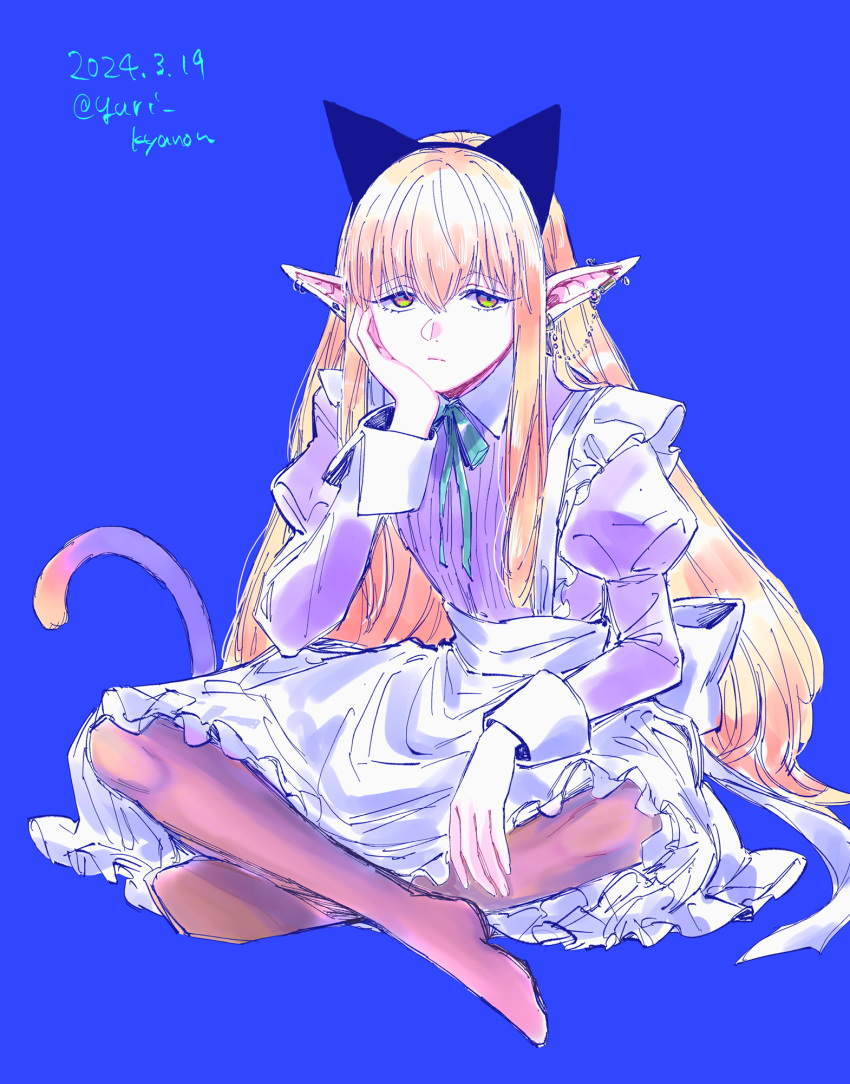 1girl animal_ear_hairband animal_ears apron black_pantyhose blue_background cat_ears closed_mouth collared_dress commentary_request crossed_legs dated dress ear_piercing elf expressionless fake_animal_ears full_body green_ribbon hairband highres long_hair long_sleeves maid_apron neck_ribbon no_shoes orange_eyes orange_hair pantyhose piercing pointy_ears purple_dress ribbon serie_(sousou_no_frieren) simple_background sitting solo sousou_no_frieren tail twitter_username white_apron yuri_kyanon