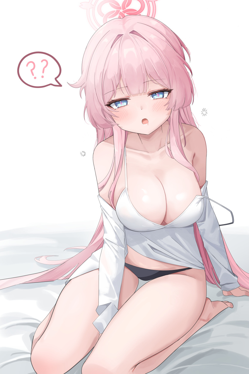 1girl ? absurdres barefoot bed_sheet black_panties blue_archive blue_eyes blue_halo blush breasts camisole cleavage collarbone drooling halo highres large_breasts long_hair looking_at_viewer mimori_(blue_archive) mouth_drool open_mouth panties pink_hair simple_background sisong solo spoken_question_mark toes underwear white_background white_camisole