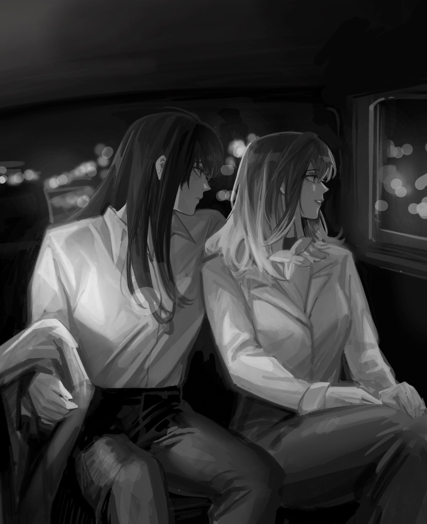 2girls breasts car_interior cleavage collared_shirt deerwhisky dress_shirt gradient_hair greyscale highres long_hair long_sleeves monochrome multicolored_hair multiple_girls pants path_to_nowhere piercing_hole rahu_(path_to_nowhere) shalom_(path_to_nowhere) shirt sidelocks sitting