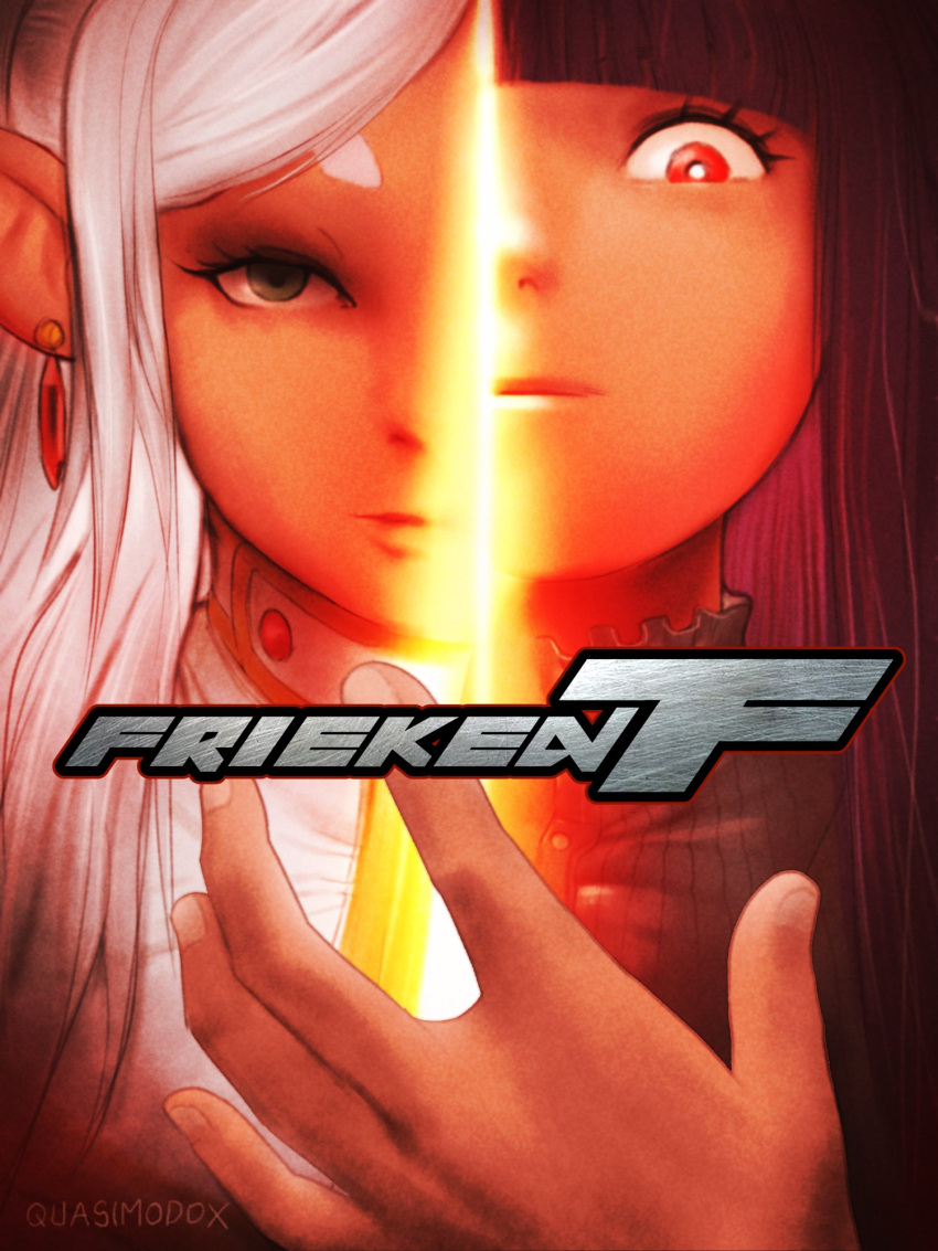 2girls artist_name black_hair close-up earrings elf fern_(sousou_no_frieren) frieren hand_focus highres jewelry logo_parody long_hair multiple_girls pointy_ears purple_hair quasimodox red_eyes sousou_no_frieren tekken tekken_7 white_hair