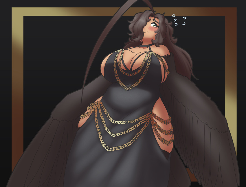 1girl ahoge bare_shoulders bird_tail black_dress black_feathers black_hair black_wings blush breasts chain cleavage commentary dress english_commentary feathered_wings feathers flying_sweatdrops gold_chain green_eyes hair_over_one_eye harpy highres hip_vent huge_ahoge kooby521 large_breasts long_hair modakawa_dress monster_girl original sideboob solo tail tan wavy_hair winged_arms wings