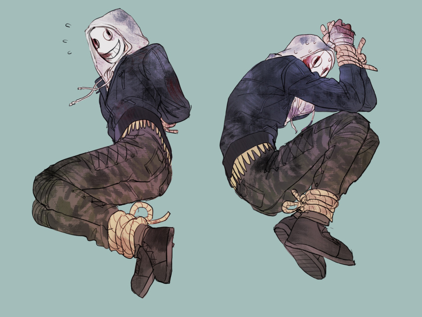 1boy arm_behind_back bandaged_hand bandages black_jacket blood_on_mask blue_background bound bound_ankles bound_wrists c2h4_(1849155751) covering_face dead_by_daylight full_body grey_pants highres hood hoodie jacket looking_at_viewer lying male_focus mask multiple_views on_side panicking pants simple_background the_legion_(dead_by_daylight) white_hoodie