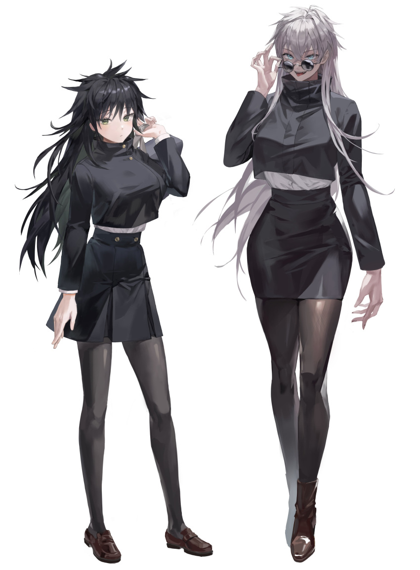 2girls :p absurdres ankle_boots bag black_hair black_jacket black_pantyhose black_skirt blue_eyes boots breasts brown_footwear buttons closed_mouth cropped_jacket eyelashes full_body fushiguro_megumi genderswap genderswap_(mtf) gojou_satoru green_eyes hair_between_eyes highres holding holding_bag jacket jujutsu_kaisen katana33t korean_commentary large_breasts long_hair long_sleeves looking_at_viewer multiple_girls pantyhose pencil_skirt school_bag school_uniform shirt shoes simple_background skirt sunglasses teeth tongue tongue_out very_long_hair white_background white_hair white_shirt