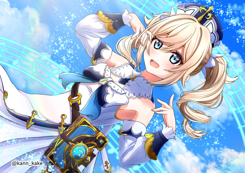 1girl artist_name barbara_(genshin_impact) belt blonde_hair blue_bow blue_eyes blue_sky book book_holster bow breasts brooch brown_belt cloud cloudy_sky cross detached_collar detached_sleeves dot_nose dress dress_bow drill_hair genshin_impact gold_trim hair_between_eyes hair_intakes hair_ornament hand_in_own_hair hands_up hat highres jewelry kankake_kann_kake latin_cross light_blush light_particles long_hair looking_at_viewer mini_hat musical_note open_mouth orb sidelocks sky sleeve_cuffs sleeveless sleeveless_dress small_breasts strapless strapless_dress sunlight teeth twin_drills twintails two-tone_bow upper_teeth_only white_bow white_dress