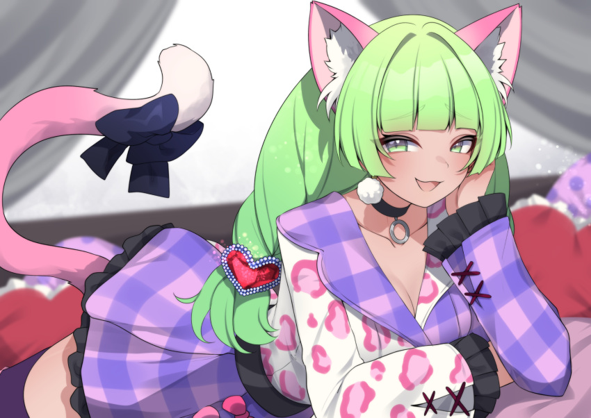 1girl animal_ears black_bow black_choker black_thighhighs bow breasts cat_ears cat_tail choker cleavage collarbone commission dark-skinned_female dark_skin dress earrings green_eyes green_hair hair_ornament heart heart-shaped_pillow heart_hair_ornament highres indie_virtual_youtuber jewelry long_hair lying multicolored_clothes multicolored_dress on_stomach open_mouth pillow plaid plaid_dress pom_pom_(clothes) pom_pom_earrings poneko_(vtuber) purple_dress solo tail tail_bow tail_ornament thighhighs valefal_coneri vgen_commission virtual_youtuber white_dress