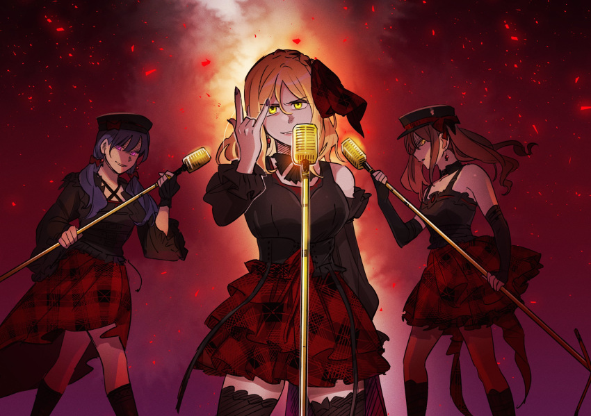 3girls \m/ ascot bare_shoulders black_ascot black_choker black_hat black_nails black_shirt black_sleeves black_socks black_thighhighs blonde_hair blue_hair braid choker commentary crown_braid detached_sleeves earrings english_commentary fire green_eyes guilty_kiss_(love_live!) hand_up highres holding holding_microphone_stand jewelry kneehighs long_hair looking_at_viewer love_live! love_live!_sunshine!! matsuura_kanan microphone_stand multiple_girls ohara_mari parted_lips pito_(sh02327) plaid plaid_skirt purple_background purple_eyes red_background red_hair red_skirt sakurauchi_riko shirt skirt smile socks sparks thighhighs twintails yellow_eyes