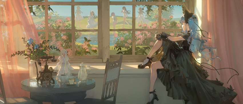 6+girls antique_phone bang_dream! bang_dream!_it's_mygo!!!!! black_dress black_footwear blue_hair chair character_request cup curtains doll dress flower flower_pot frilled_headwear from_side grass headdress high_heels highres indoors long_hair looking_outside multiple_girls phone rotary_phone saucer scenery sitting solo table teacup teapot toto_(caaaaarrot) water white_dress window