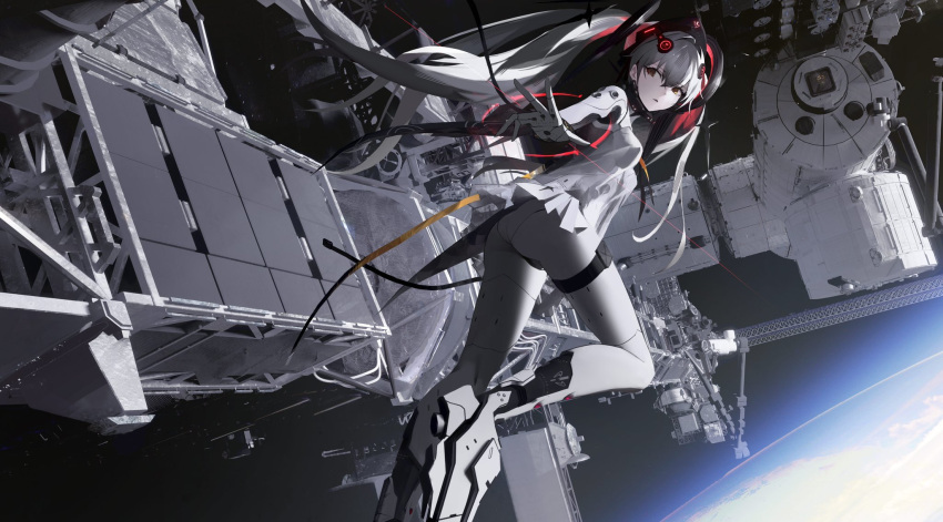 1girl ass breasts cell_(acorecell) floating grey_hair hair_between_eyes hair_intakes headgear highres in_orbit long_hair looking_back mecha_musume medium_breasts miniskirt original outstretched_arm parted_lips planet science_fiction skirt solo space space_station striker_unit thigh_strap thrusters truss twintails upskirt yellow_eyes
