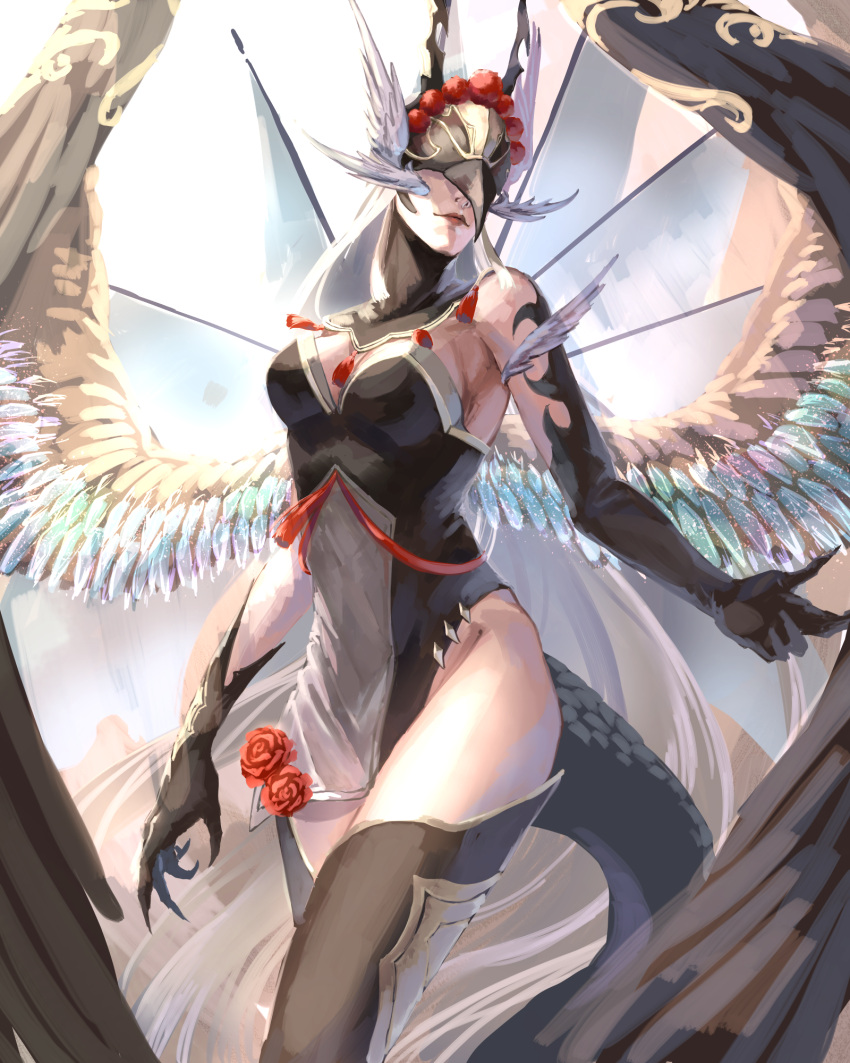 1girl asa_fukurou asymmetrical_gloves black_gloves black_leotard black_tail black_thighhighs black_wings breasts cleavage closed_mouth commentary commission covered_eyes cowboy_shot elbow_gloves facing_viewer flag flower gloves gold_trim grey_hair grey_wings helmet highres large_breasts leiyun_(leishen) leotard lips long_hair multicolored_wings original pelvic_curtain red_flower red_tassel second-party_source skeb_commission solo thighhighs uneven_gloves very_long_hair winged_helmet wings