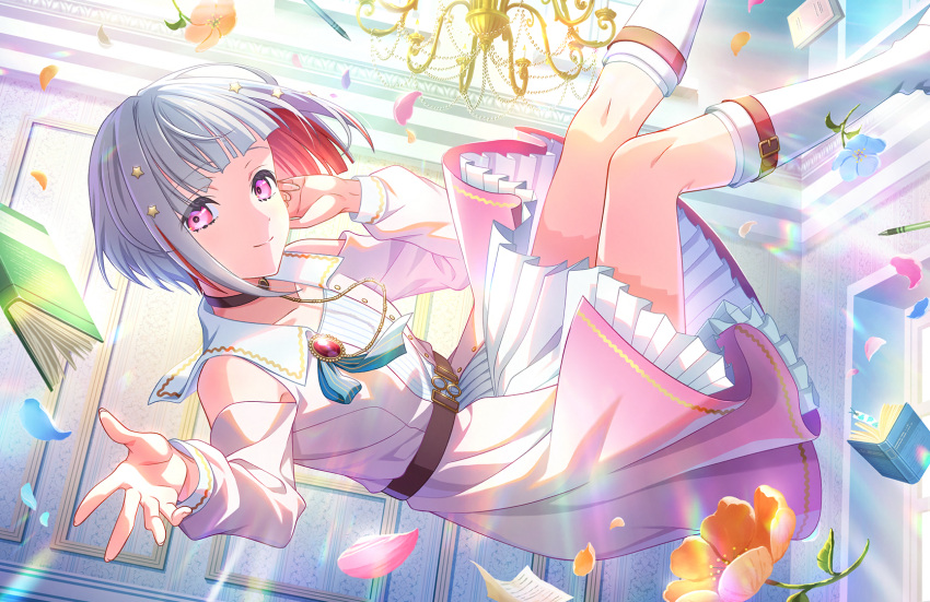 1girl ankle_boots black_choker blue_flower book bookmark boots breasts choker clothing_cutout coat colored_inner_hair dream_believers_(love_live!) dress dutch_angle feet_out_of_frame floating flower game_cg grey_hair hair_ornament hand_to_head highres legs_up link!_like!_love_live! long_sleeves looking_at_viewer love_live! multicolored_hair official_art open_hand orange_flower pen petals pinafore_dress pink_coat pleated_dress red_eyes red_hair short_hair shoulder_cutout sleeveless sleeveless_dress small_breasts solo star_(symbol) star_hair_ornament streaked_hair third-party_source two-tone_hair white_dress white_footwear yugiri_tsuzuri