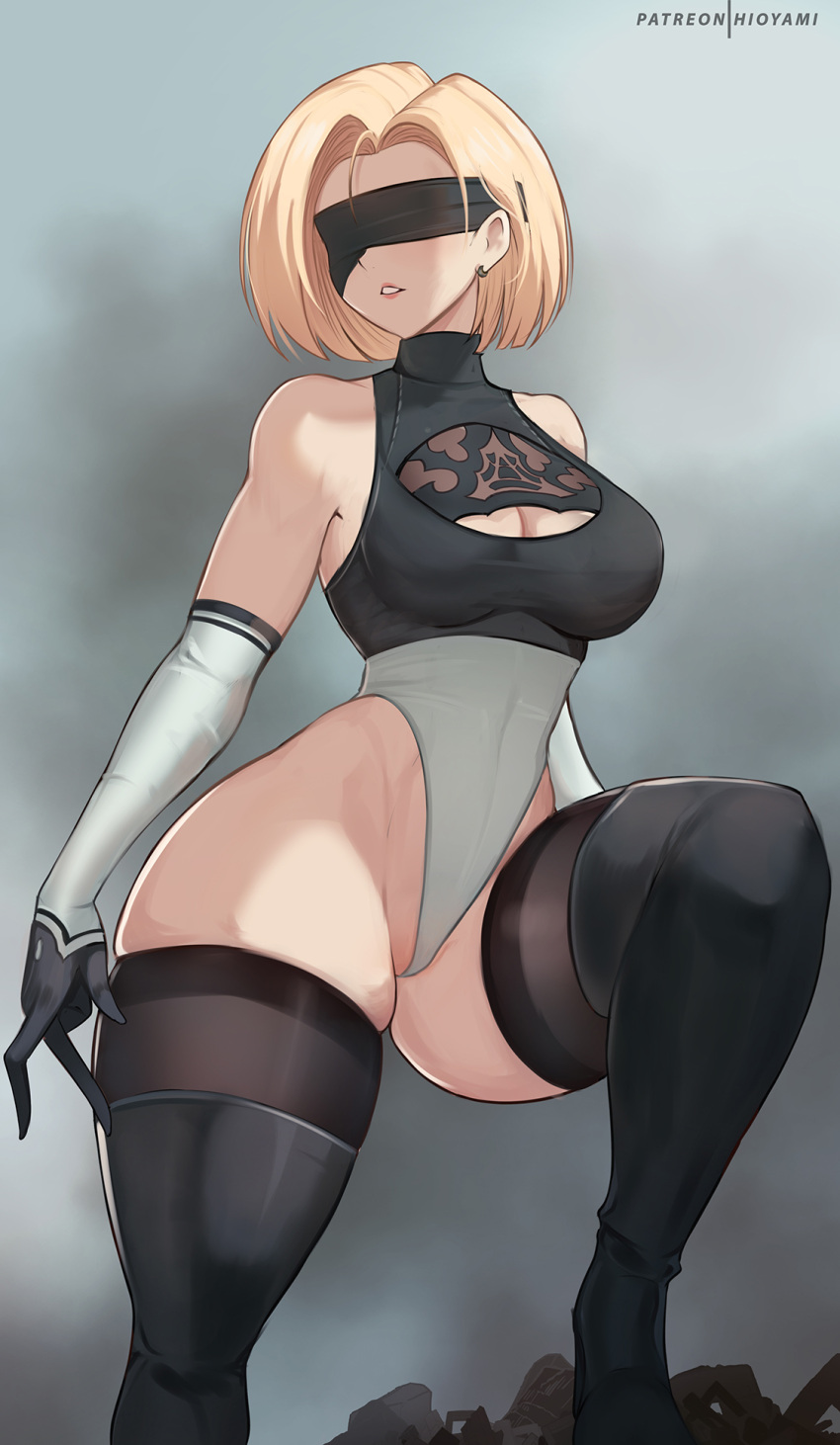 1girl 2b_(nier:automata) 2b_(nier:automata)_(cosplay) android_18 black_gloves black_thighhighs blindfold blonde_hair breasts commentary cosplay dragon_ball dragon_ball_z earrings elbow_gloves gloves groin highres hioyami jewelry large_breasts nier:automata nier_(series) parted_lips patreon_username short_hair solo thick_thighs thighhighs thighs