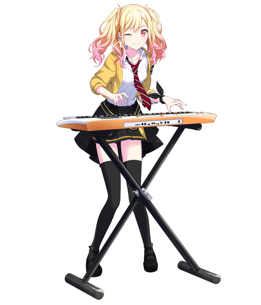 1girl black_skirt black_thighhighs blonde_hair full_body gradient_hair highres instrument jacket keyboard_(instrument) looking_at_viewer mary_janes multicolored_hair music necktie non-web_source official_art one_eye_closed pink_eyes pink_hair playing_instrument pleated_skirt project_sekai red_necktie shirt shoes skirt smile solo striped_necktie tachi-e tenma_saki thighhighs transparent_background twintails white_shirt yellow_jacket