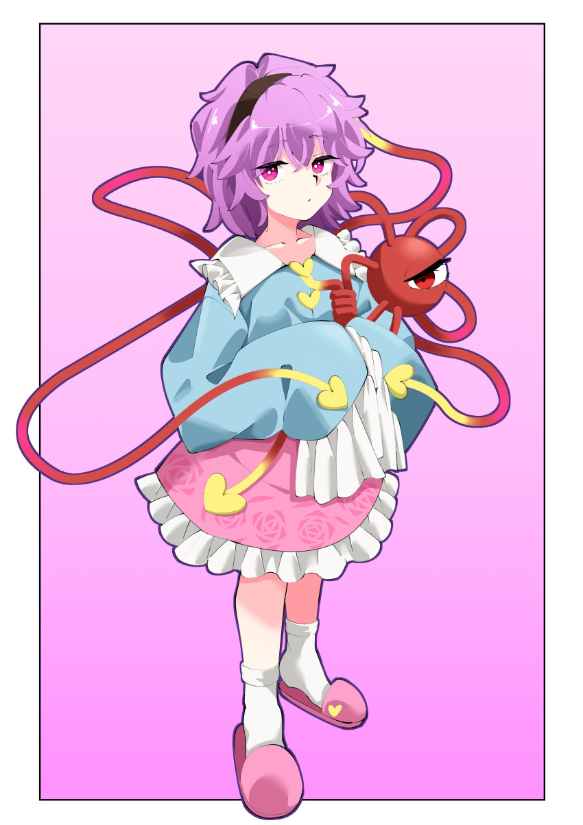 1girl absurdres black_hairband blouse blue_shirt buttons commentary eyeball floral_print frilled_shirt_collar frilled_sleeves frills fugaku_(miko_no_miyatsuguchi) full_body hairband heart heart_button highres komeiji_satori looking_at_viewer messy_hair pink_hair pink_skirt ribbon-trimmed_collar ribbon_trim rose_print shirt skirt sleeves_past_fingers sleeves_past_wrists slippers socks solo third_eye touhou white_socks wide_sleeves