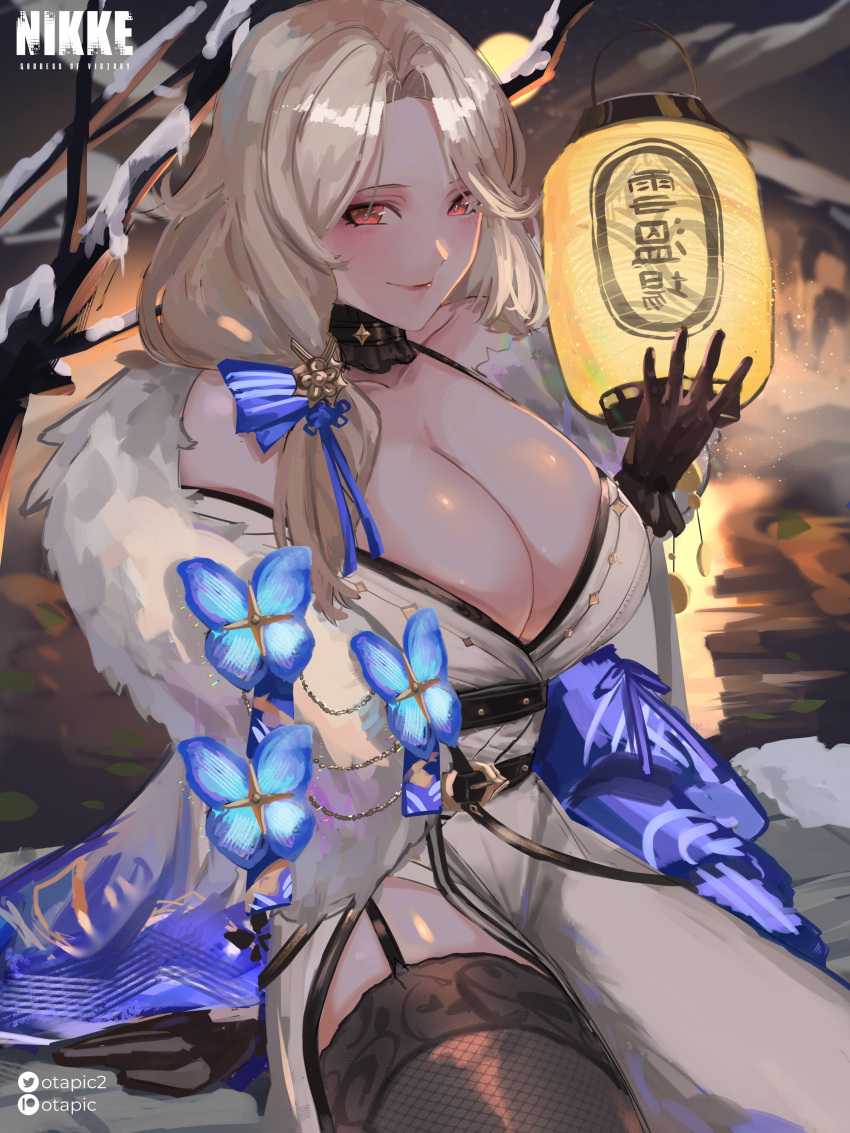 1girl absurdres belt black_belt black_gloves black_thighhighs blonde_hair blue_butterfly blue_ribbon breasts bug butterfly closed_mouth fur-trimmed_kimono fur_trim garter_straps gloves goddess_of_victory:_nikke hair_over_shoulder hair_ribbon highres holding holding_lantern japanese_clothes kimono lantern large_breasts long_hair looking_at_viewer ludmilla_(nikke) ludmilla_(winter_owner)_(nikke) off_shoulder official_alternate_costume onsen otapic parted_bangs red_eyes ribbon snow solo striped_ribbon thighhighs white_kimono wide_sleeves