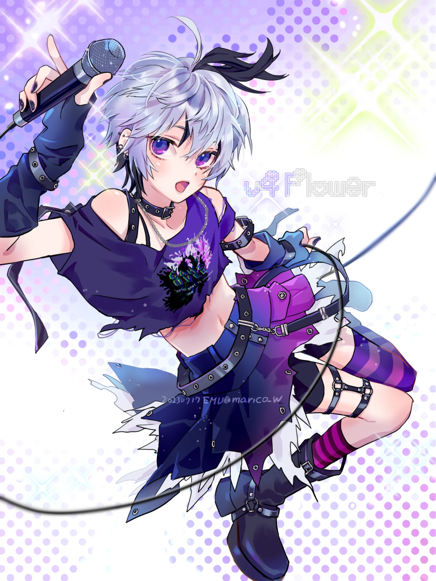 1girl ahoge artist_name belt_collar black_collar black_footwear black_gloves black_shorts character_name collar emu_(marico_w) flower_(vocaloid) flower_(vocaloid4) gloves highres holding holding_microphone looking_at_viewer microphone multicolored_hair navel open_mouth print_shirt purple_background purple_eyes purple_hair purple_nails purple_shirt purple_skirt shirt short_hair shorts skirt smile solo streaked_hair vocaloid watermark white_hair