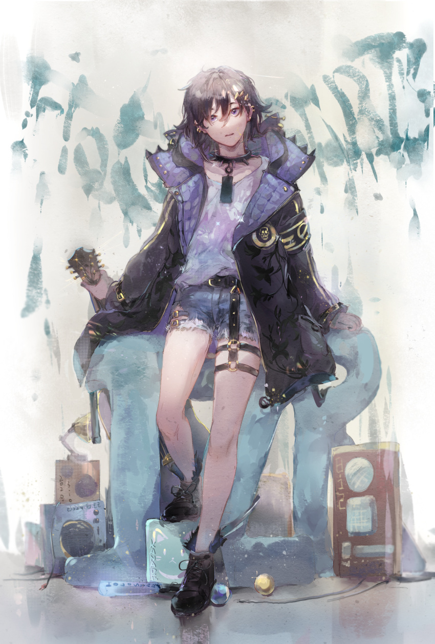 1boy bishounen black_coat black_footwear black_hair coat collar commentary denim denim_shorts earrings full_body guitar hair_between_eyes hair_ornament hairclip highres holding holding_guitar holding_instrument holostars hood instrument jacket jewelry kanade_izuru light_particles lightning_bolt_hair_ornament lightning_bolt_symbol looking_at_viewer male_focus o-ring_strap open_clothes open_coat purple_eyes shirt short_hair shorts solo speaker spiked_collar spikes standing thigh_strap virtual_youtuber zan_(5062316)