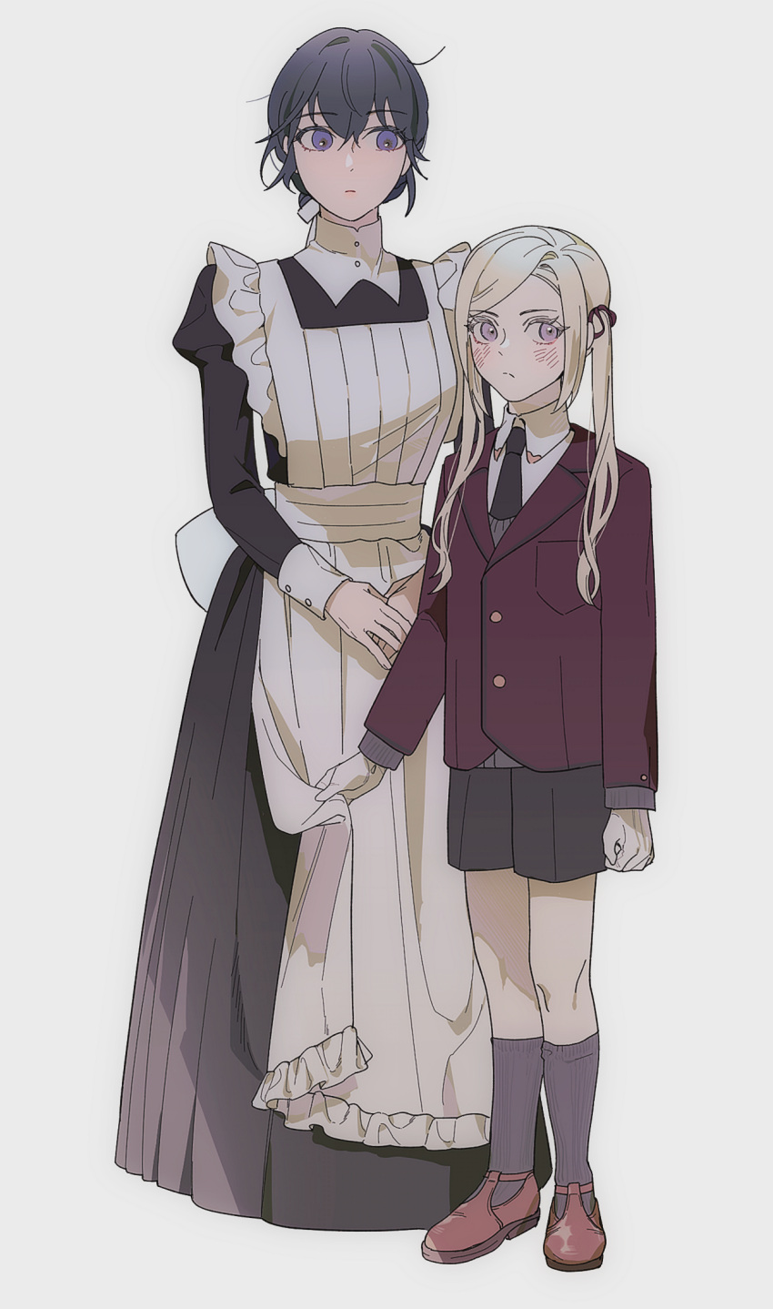2girls aged_down apron b_(wldms6650) black_dress black_necktie black_shorts blue_hair blush byleth_(female)_(fire_emblem) byleth_(fire_emblem) closed_mouth collared_shirt commentary dress edelgard_von_hresvelg english_commentary fire_emblem fire_emblem:_three_houses full_body grey_background grey_socks highres jacket juliet_sleeves long_hair long_sleeves looking_at_another looking_at_viewer maid maid_apron multiple_girls necktie puffy_sleeves purple_eyes red_footwear red_jacket school_uniform shirt shorts simple_background socks white_apron white_hair white_shirt