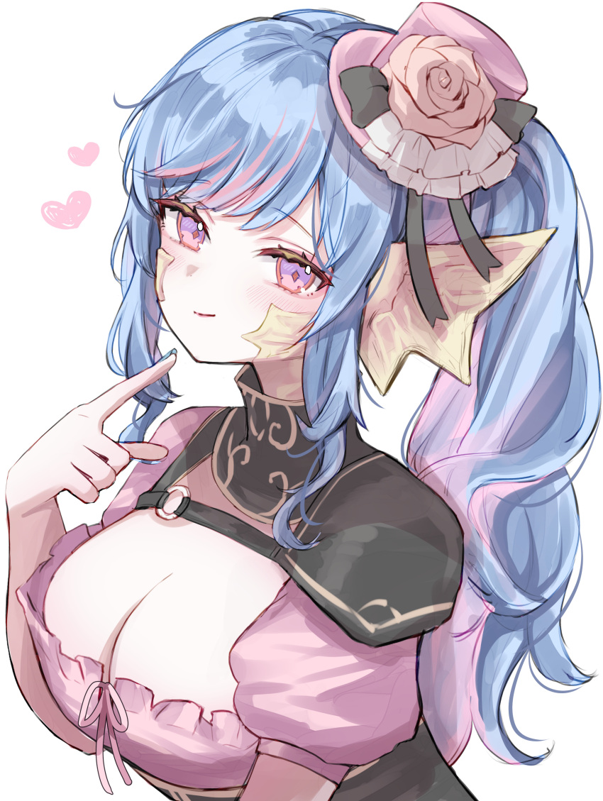 1girl absurdres au_ra blue_hair breasts cleavage diamond-shaped_pupils diamond_(shape) dragon_horns final_fantasy final_fantasy_xiv flower from_side hand_up hat hat_flower heart highres horns index_finger_raised large_breasts lilith_degree long_hair looking_at_viewer mini_hat mini_top_hat multicolored_hair o-ring pink_eyes pink_flower pink_hair pink_hat pink_rose pink_shirt ponytail puffy_short_sleeves puffy_sleeves rose scales shirt short_sleeves sidelocks simple_background smile solo streaked_hair symbol-shaped_pupils top_hat two-tone_hair upper_body warrior_of_light_(ff14) white_background