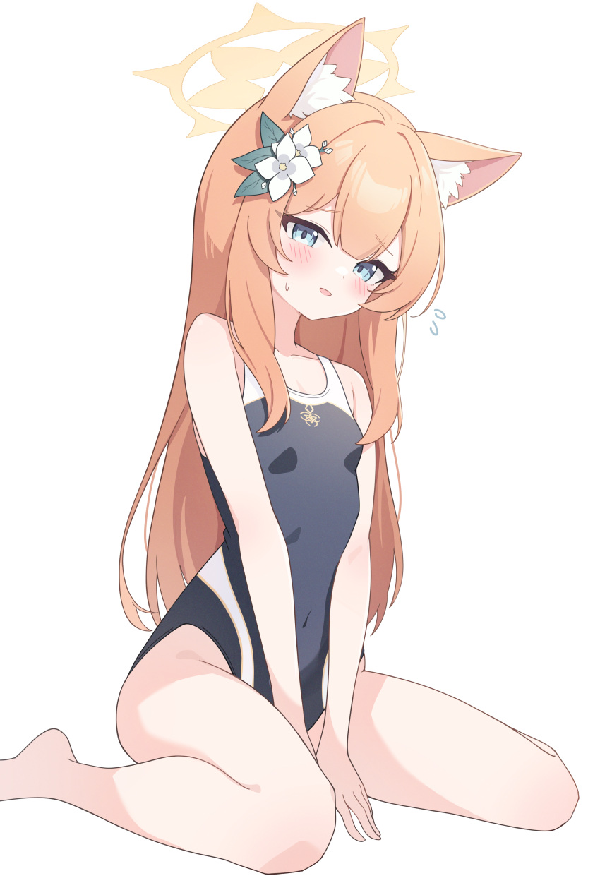 1girl absurdres animal_ear_fluff animal_ears ass bare_arms bare_legs bare_shoulders barefoot black_one-piece_swimsuit blue_archive blue_eyes blush breasts cat_ears halo highres long_hair looking_at_viewer mari_(blue_archive) nonddu one-piece_swimsuit open_mouth orange_hair school_swimsuit simple_background small_breasts solo swimsuit white_background yellow_halo