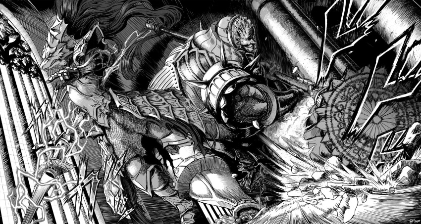2boys armor attack chain chainmail commentary dark_souls_(series) dark_souls_i debris dragon_slayer_ornstein dust_cloud dutch_angle english_commentary executioner_smough faulds gauntlets greyscale hammer hatching_(texture) helm helmet highres holding holding_polearm holding_weapon knight lightning making-of_available miura_kentarou_(style) monochrome multiple_boys pillar plume polearm sade spear spikes war_hammer weapon