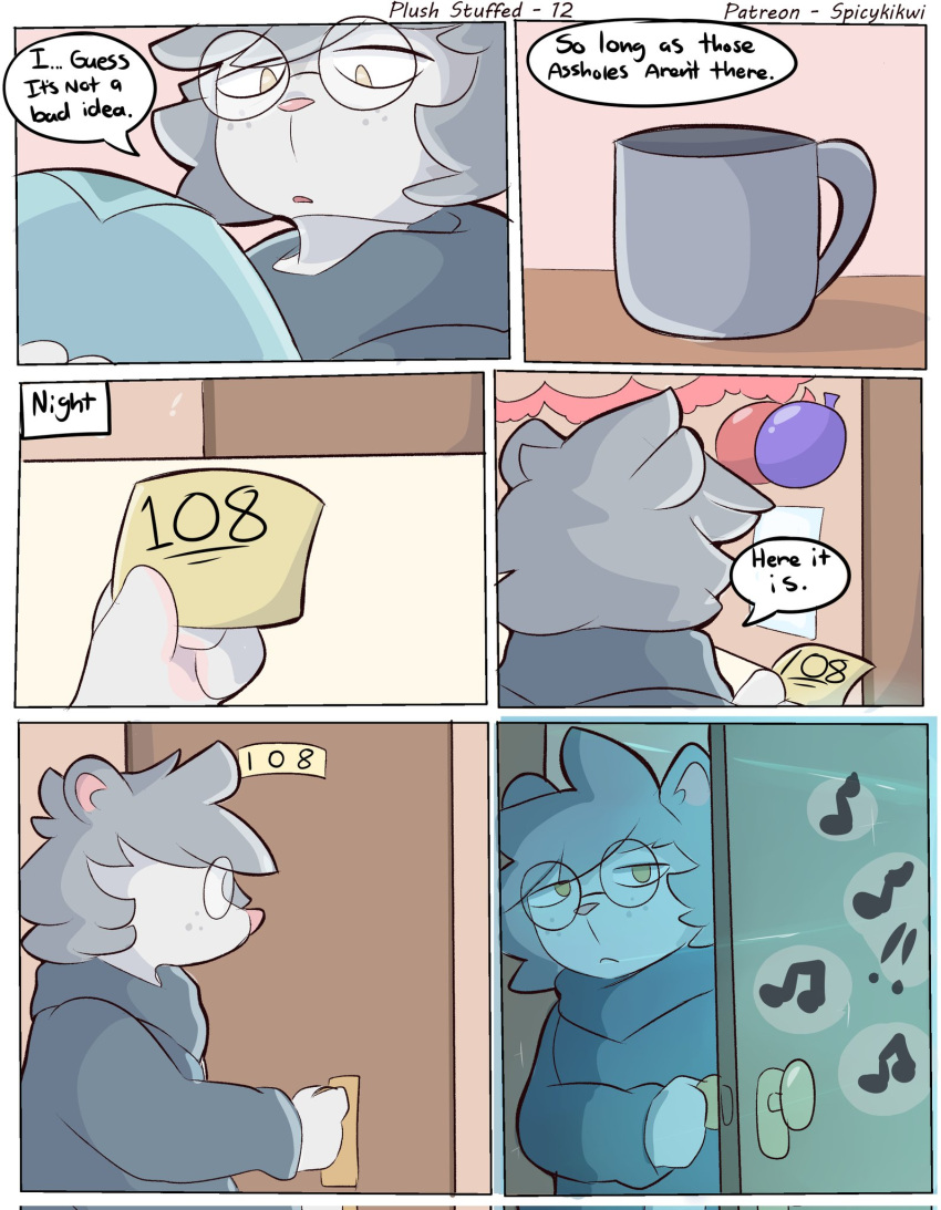 6_panel_comic american_opossum anthro balloon blue_clothing blue_hoodie blue_topwear border cabinet clothed clothing comic container countertop cup dialogue door doorknob edgar_(spicykiwi) ellipsis english_text exclamation_point eyewear first_person_view freckles front_view frown fur glasses grey_body grey_fur grey_hair hair hi_res holding_object hoodie horizontal_blockage inflatable inside looking_down male mammal marsupial mug music musical_note nerd night open_mouth opening_door party pink_nose post-it_note profanity reading round_glasses side_view solo speech_bubble spicykiwi standing text topwear unimpressed virginia_opossum white_body white_border white_fur yellow_eyes
