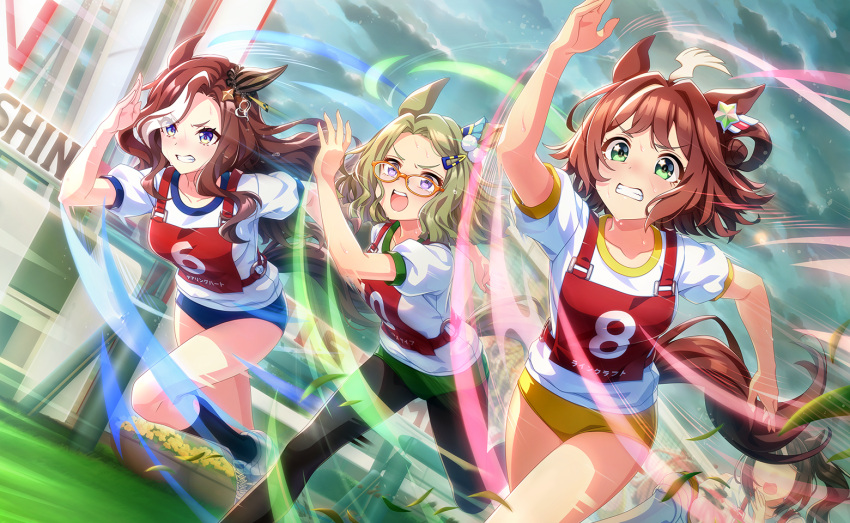 3girls ahoge air_messiah_(umamusume) alternate_costume animal_ears blush breasts brown_hair buruma clenched_teeth cloud collarbone daring_heart_(umamusume) glasses green_eyes hair_between_eyes hair_ornament horse_ears horse_girl horse_tail long_hair medium_breasts medium_hair motion_lines multiple_girls official_art pantyhose racetrack rhein_kraft_(umamusume) running shoes sweat tail teeth thighs umamusume wind