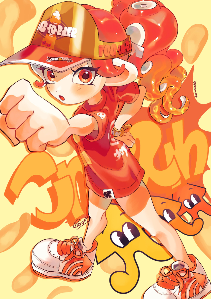 1girl :o absurdres blush chips_(food) clenched_hands commentary_request cross-laced_footwear curly_hair food full_body gradient_hair hand_on_own_hip highres looking_at_viewer multicolored_hair octoling octoling_girl octoling_player_character open_mouth orange_hair outstretched_arm oversized_clothes payayo884 ponytail potato_chips red_eyes red_hair red_shirt shirt short_sleeves signature solo splatoon_(series) splatoon_3 standing suction_cups tentacle_hair twitter_username two-tone_eyes two-tone_hair visor_cap white_footwear wristband yellow_eyes yellow_wristband