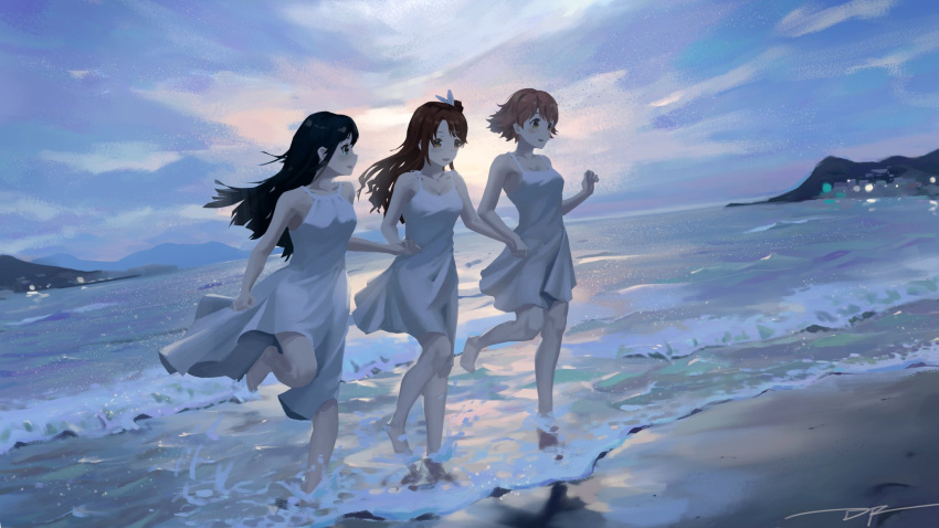 3girls bare_legs bare_shoulders barefoot beach black_hair breasts brown_hair da_tengzi dress floating_hair highres holding_hands honda_mio idolmaster idolmaster_cinderella_girls looking_ahead looking_at_another medium_breasts multiple_girls new_generations_(idolmaster) orange_hair outdoors running shibuya_rin shimamura_uzuki signature sleeveless sleeveless_dress wading white_dress