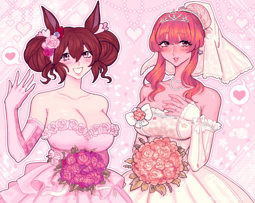 2girls :3 animal_ears bouquet breasts bridal_veil bride cleavage collar collarbone commission commissioner_upload double_bun dress earrings flower flower_ornament gloves hair_bun hair_ornament hand_on_own_chest heart highres hishi_akebono_(umamusume) holding holding_bouquet horse_ears horse_girl idolmaster idolmaster_cinderella_girls idolmaster_cinderella_girls_starlight_stage jewelry large_breasts looking_at_viewer miriasuu moroboshi_kirari multiple_girls pink_background ring rose simple_background smile spoken_heart star_(symbol) star_earrings strapless strapless_dress tiara umamusume veil wedding_dress wedding_ring white_dress white_gloves