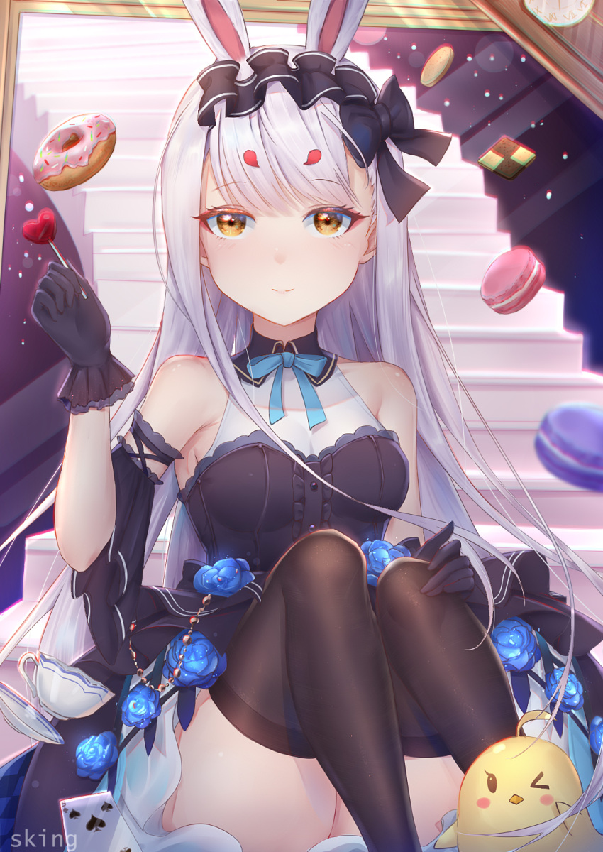 &gt;_o 1girl animal_ears azur_lane black_bow black_thighhighs blue_flower blue_rose bow breasts center_frills checkerboard_cookie cookie doughnut dress five_of_spades flower food frilled_dress frills gloves hair_bow highres long_hair looking_at_viewer macaron manjuu_(azur_lane) official_alternate_costume one_eye_closed purple_dress purple_gloves rabbit_ears rose shimakaze_(azur_lane) shimakaze_(the_white_rabbit_of_wonderland)_(azur_lane) sitting sking sleeveless sleeveless_dress small_breasts solo stairs thighhighs very_long_hair white_hair yellow_eyes