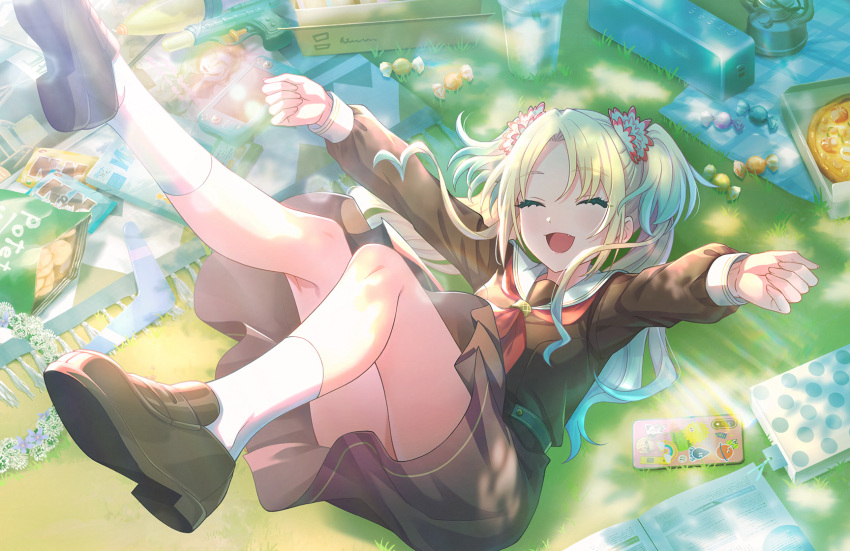 1girl blonde_hair blue_hair book brand_name_imitation brown_dress brown_footwear candy cellphone chips_(food) closed_eyes dress facing_viewer fang food from_above full_body game_cg gradient_hair handheld_game_console hasu_no_sora_school_uniform highres legs_up lens_flare link!_like!_love_live! loafers long_hair long_sleeves love_live! lying m&amp;m's multicolored_hair multiple_girls neckerchief official_art oil_lamp on_back on_grass open_mouth osawa_rurino outstretched_arms phone pizza pizza_box pleated_dress potato_chips red_neckerchief sailor_collar sailor_dress school_uniform shade shoes sidelocks smartphone smile socks solo speaker textbook third-party_source two-tone_hair water_gun white_sailor_collar white_socks winter_uniform wrapped_candy