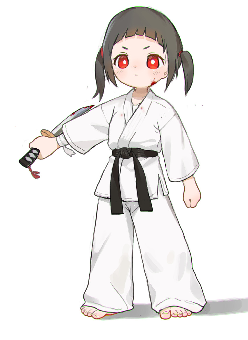 1girl absurdres arched_bangs barefoot belt black_belt black_hair blood blood_on_clothes blood_on_face bright_pupils closed_mouth commentary_request dougi full_body highres holding holding_knife knife kuma-bound martial_arts_belt original pants red_eyes short_hair short_twintails simple_background solo standing toes twintails v-shaped_eyebrows white_background white_pants white_pupils