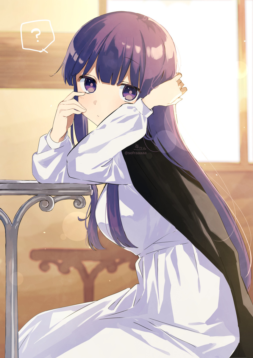 1girl ? absurdres arm_behind_head arm_up black_robe blush breasts closed_mouth commentary_request day dress fern_(sousou_no_frieren) from_side hand_up highres indoors large_breasts long_hair long_sleeves looking_at_viewer looking_to_the_side puffy_long_sleeves puffy_sleeves purple_eyes purple_hair robe signature sitting sofra solo sousou_no_frieren spoken_question_mark sunlight table twitter_username very_long_hair white_dress window