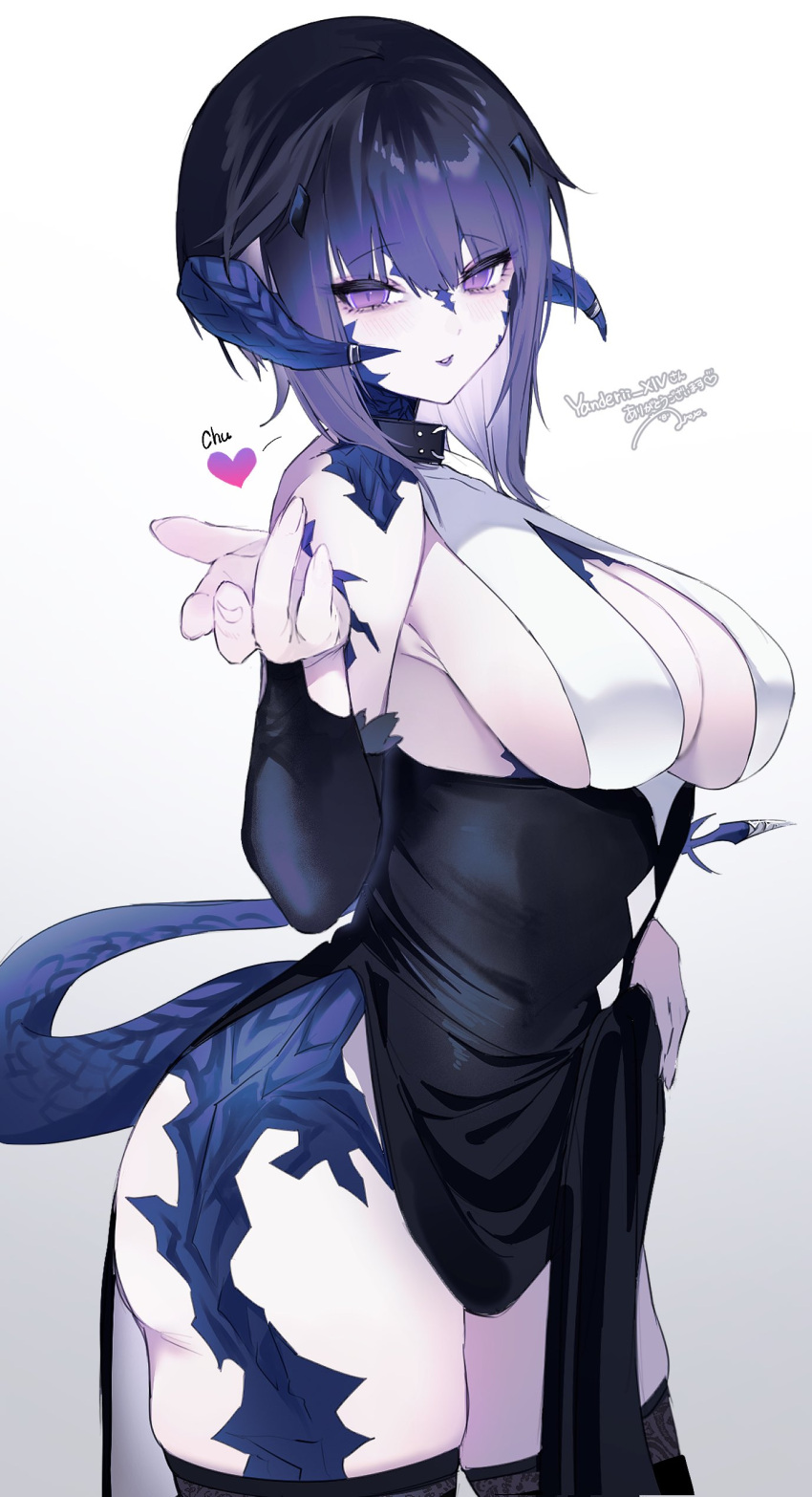 1girl absurdres anoyo_(anoyode0) au_ra black_choker black_dress black_hair black_thighhighs blowing_kiss blue_horns breasts choker clothes_lift commission dragon_girl dragon_horns dragon_tail dress dress_lift final_fantasy final_fantasy_xiv from_side gradient_hair heart highres horns lace-trimmed_thighhighs large_breasts looking_at_viewer multicolored_hair original parted_lips pelvic_curtain purple_eyes purple_hair purple_lips short_hair simple_background slit_pupils solo tail thighhighs two-tone_dress warrior_of_light_(ff14) white_background white_dress