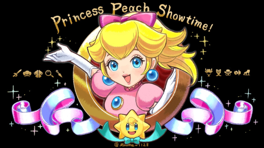 1girl blonde_hair blue_eyes bow breasts commentary_request copyright_name cosmetics dress earrings elbow_gloves gloves highres jewelry looking_at_viewer mario_(series) pink_bow pink_dress ponytail princess_peach princess_peach:_showtime! short_sleeves sphere_earrings star_(symbol) stella_(peach) suruga_kanade white_gloves