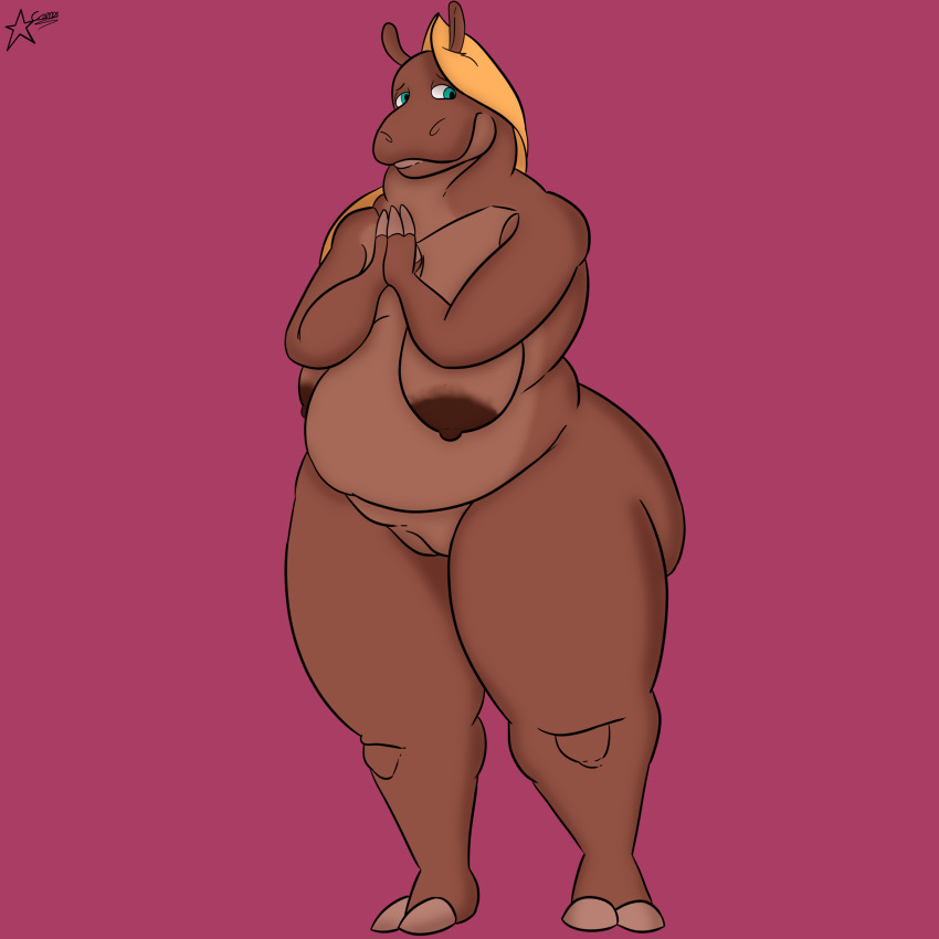 3_fingers absurd_res anthro big_butt blonde_hair breasts brown_body butt cosmosarts erect_nipples female fingers fupa genitals hair hi_res hippopotamid louise_(cosmosarts) mammal nipples plump_labia pussy sagging_breasts slightly_chubby slightly_chubby_female solo thick_thighs wide_hips