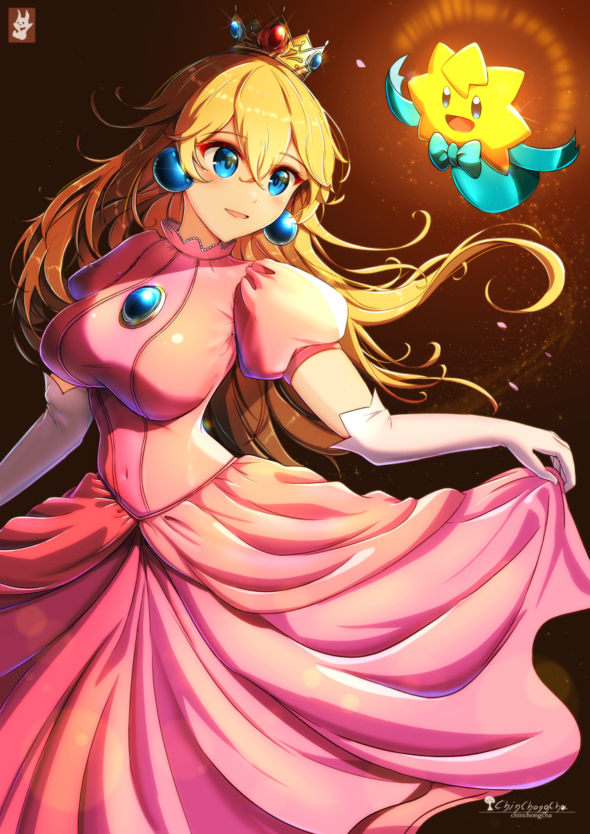 2girls absurdres blonde_hair blue_eyes brooch chinchongcha crown dress earrings elbow_gloves gloves highres jewelry long_hair mario_(series) multiple_girls pink_dress princess_peach princess_peach:_showtime! stella_(peach) super_smash_bros. very_long_hair white_gloves