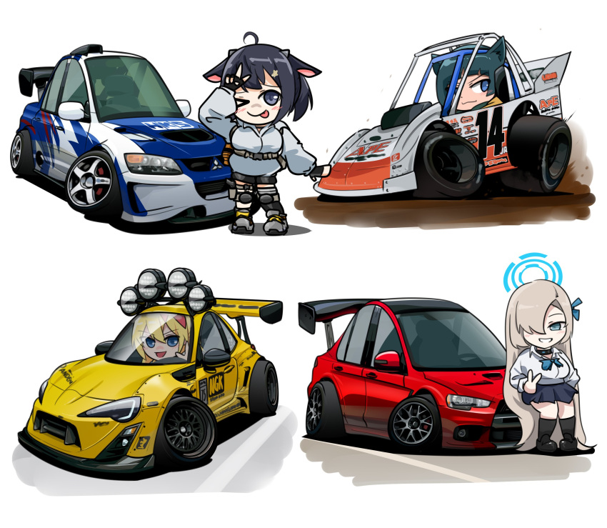 4girls absurdly_long_hair absurdres animal_ears asuna_(blue_archive) black_choker black_eyes black_gloves black_shorts black_thighhighs blonde_hair blue_archive blue_bow blush bow breasts car cat_ears cat_girl character_request chest_harness chibi choker collared_shirt commission copyright_request cow_ears cow_girl dirt english_commentary fingerless_gloves gloves hair_over_one_eye halo harness highres holeecrab long_hair looking_at_viewer medium_breasts mitsubishi_lancer_evolution mitsubishi_motors motor_vehicle multiple_girls need_for_speed need_for_speed:_most_wanted_(2005) one_eye_closed one_eye_covered race_vehicle racecar shadow shirt shorts smile spoiler_(automobile) stance_(vehicle) thighhighs tongue tongue_out toyota toyota_86 v v-shaped_eyebrows vehicle_focus very_long_hair white_background white_shirt