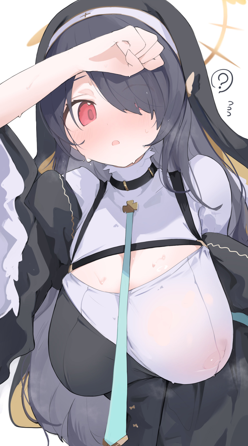 1girl ? black_choker black_hair blue_archive blush breasts choker coif covered_nipples flying_sweatdrops habit hair_over_one_eye halo highres hinata_(blue_archive) large_breasts long_hair looking_at_viewer mikozin nun open_mouth red_eyes simple_background solo spoken_question_mark upper_body white_background wide_sleeves yellow_halo