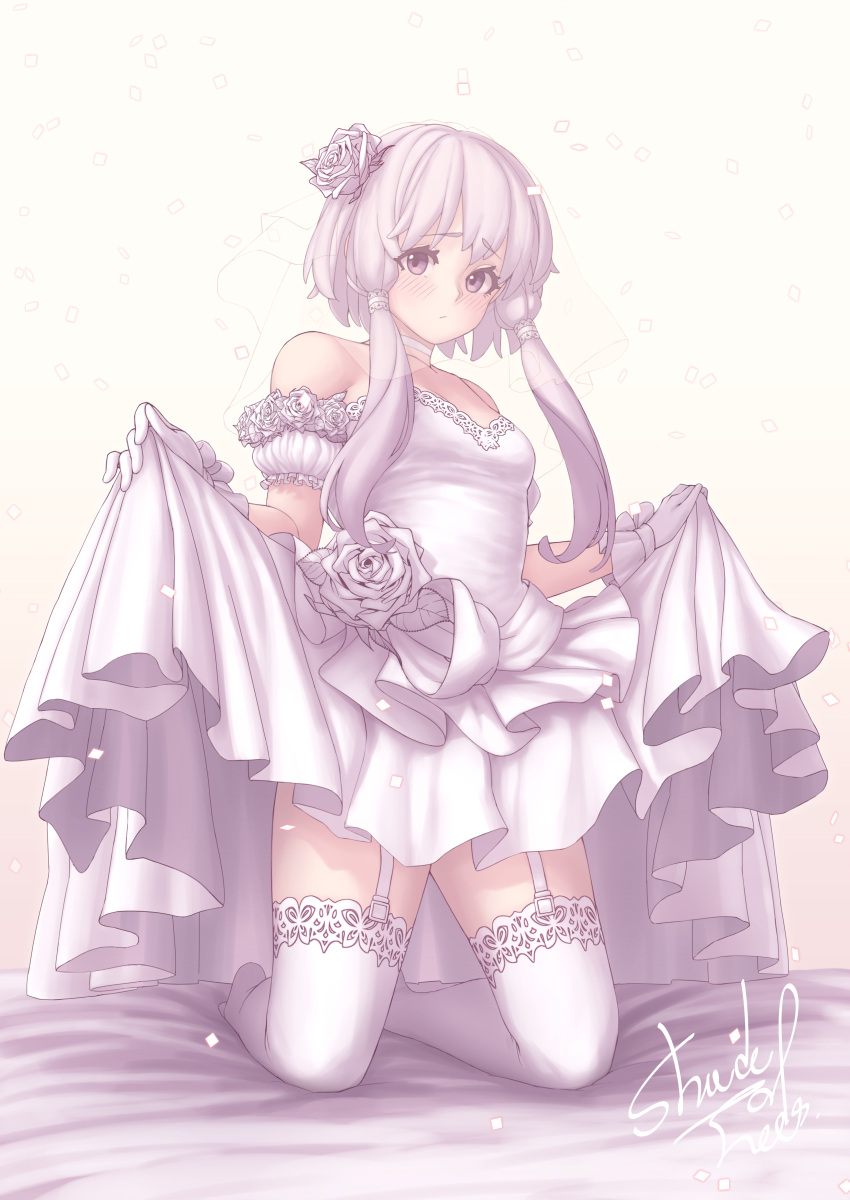 1girl absurdres alternate_costume bare_shoulders blush breasts bridal_veil brown_background closed_mouth detached_sleeves dress dress_flower falling_petals flower full_body garter_straps gloves hair_flower hair_ornament highres kneeling lace-trimmed_legwear lace_trim long_hair looking_at_viewer medium_breasts petals puffy_short_sleeves puffy_sleeves purple_eyes purple_hair revision rose shade_of_trees short_hair_with_long_locks short_sleeves sidelocks signature simple_background skirt_hold solo strapless strapless_dress thighhighs veil vocaloid voiceroid wedding_dress white_dress white_flower white_gloves white_rose white_thighhighs yuzuki_yukari