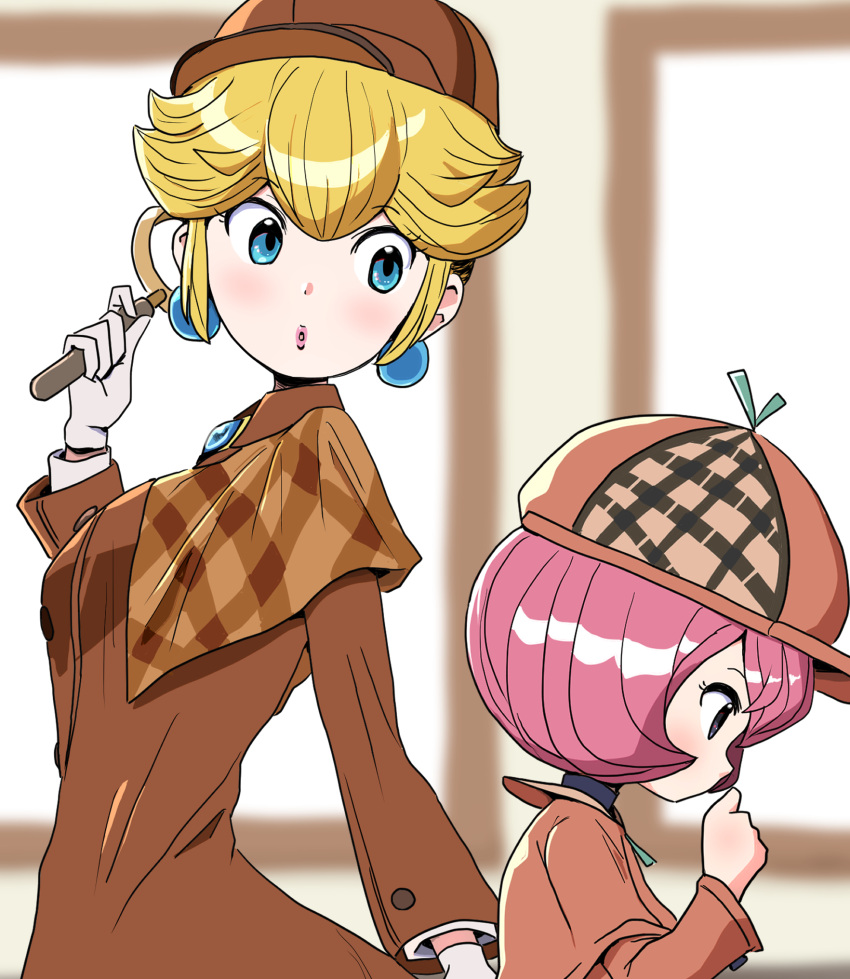 2girls blonde_hair blue_eyes blurry blurry_background brooch brown_coat cabbie_hat capelet coat deerstalker depth_of_field detective_peach detesu earrings gloves hand_on_own_chin hat highres holding holding_magnifying_glass indoors jacket jewelry looking_to_the_side looking_up magnifying_glass mario_(series) multiple_girls official_alternate_costume official_alternate_hairstyle pink_hair princess_peach princess_peach:_showtime! sheila_bell short_hair solo sphere_earrings surechigai_meikyuu white_gloves