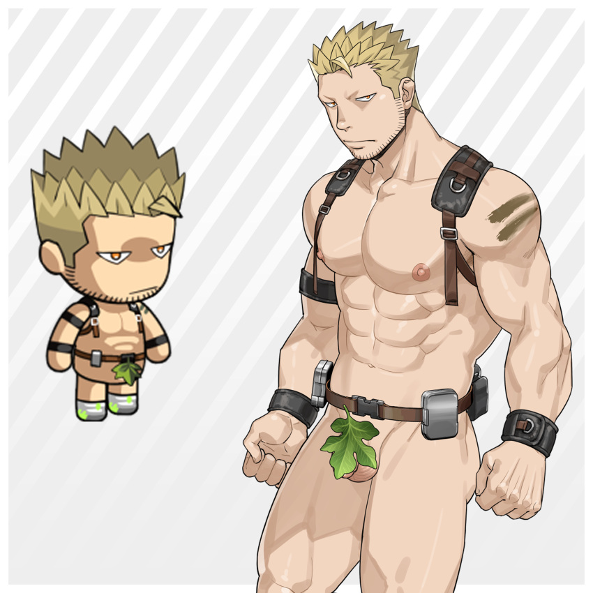 1boy abs absurdres bara beard_stubble chest_belt chibi cowboy_shot ero_condo facial_hair flaccid highres kienbiu large_pectorals leaf leaf_censor leather_belt male_focus muscular muscular_male navel nipples official_alternate_costume paid_reward_available pectorals penis punt_(kienbiu) revealing_clothes short_hair sideburns simple_background solo spiked_hair standing stomach stubble testicles thighs wrist_belt