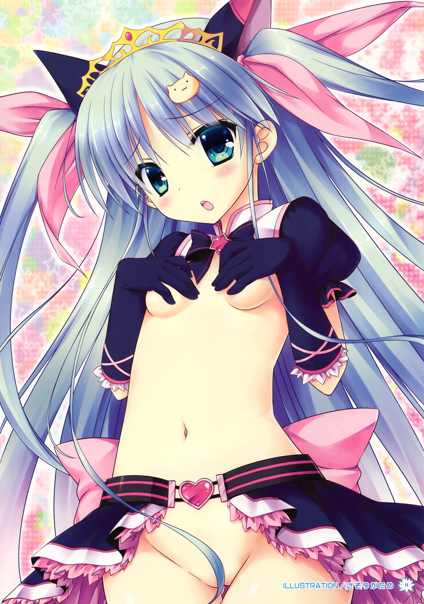 :o absurdres animal_ears aqua_hair artist_name bangs blue_eyes blush bow bowtie breasts cat_ears cat_hair_ornament convenient_censoring covering covering_breasts crop_top crown elbow_gloves eyebrows_visible_through_hair frilled_skirt frills gloves gradient_hair groin hair_censor hair_ornament hair_ribbon half-skirt halftone halftone_background heart hexagram highres hoshizaki_mei long_hair looking_at_viewer magical_girl midriff miniskirt multicolored_hair navel no_bra no_panties open_mouth outline parted_bangs partially_visible_vulva puffy_short_sleeves puffy_sleeves rainbow_background ribbon sasorigatame scan short_sleeves sidelocks skirt small_breasts solo standing star starry_background thigh_gap turtleneck two_side_up very_long_hair yumekoi