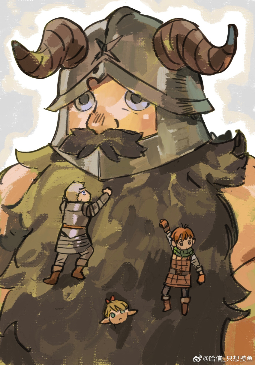 1girl 3boys armor bare_shoulders beard black_hair blonde_hair boots brown_gloves chilchuck_tims climbing clinging covered_mouth dungeon_meshi dwarf elf facial_hair fake_horns gloves green_scarf halfling haxinssy helmet highres horned_helmet horns laios_thorden leather_armor long_beard long_hair looking_ahead looking_at_another looking_down looking_up marcille_donato mini_person miniboy minigirl multiple_boys pants pauldrons peeking_out plate_armor pointy_ears scarf senshi_(dungeon_meshi) shirt short_hair shoulder_armor size_difference sleeveless solo_focus upper_body white_background white_shirt