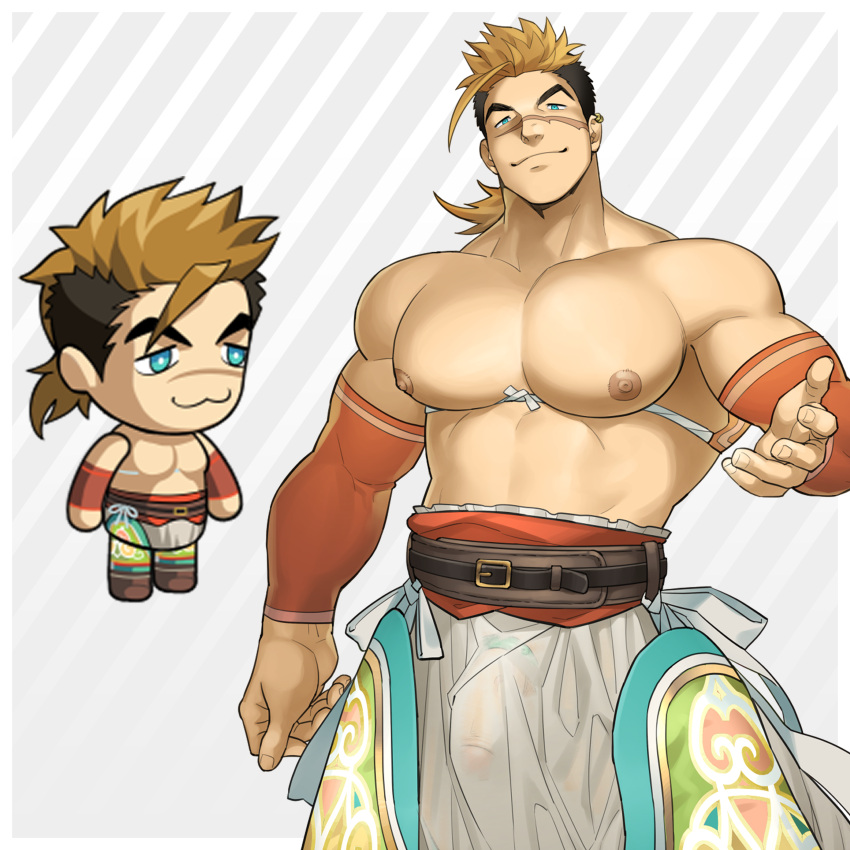 1boy :3 abs absurdres bara bulge character_request chibi covered_penis cowboy_shot detached_sleeves ero_condo forearms highres kienbiu large_hands large_pectorals male_focus muscular muscular_male nipples official_alternate_costume paid_reward_available pectorals penis penis_peek scar scar_on_face scar_on_nose see-through short_hair simple_background solo standing strongman_waist