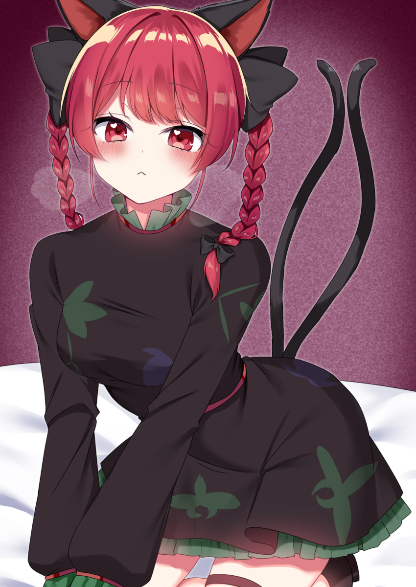 1girl :&lt; animal_ears black_bow black_dress black_tail blush bow braid breath cat_ears cat_girl cat_tail closed_mouth dress feet_out_of_frame frilled_dress frills hair_bow heart heart_in_eye highres kaenbyou_rin kneeling leaning long_hair long_sleeves looking_at_viewer multiple_tails purple_background red_eyes red_hair shinonome_asu short_dress solo symbol_in_eye tail tail_raised touhou twin_braids two_tails