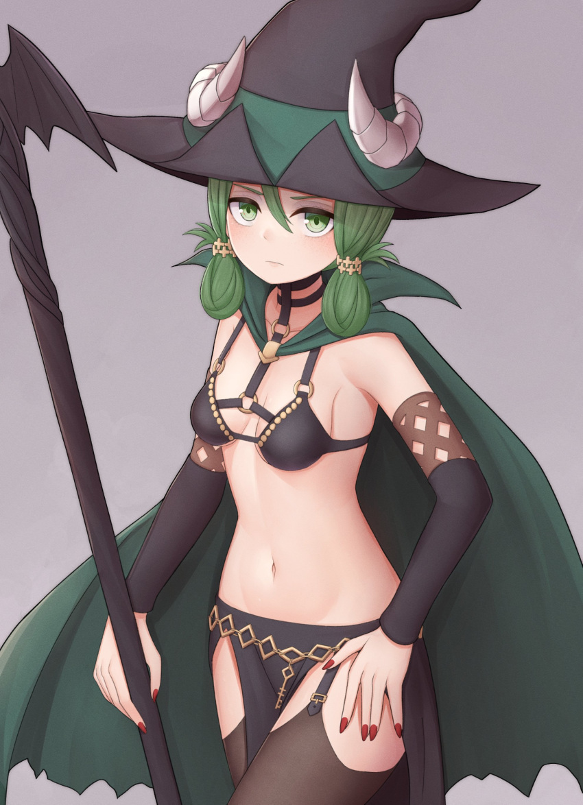 1girl absurdres atorie black_hat black_thighhighs blush breasts cape cleavage closed_mouth commentary_request fake_horns garter_straps green_cape green_eyes green_hair grey_background hat highres holding holding_scepter horned_headwear horns looking_at_viewer medium_hair navel o-ring pelvic_curtain red_nails scepter simple_background small_breasts solo standing thighhighs unicorn_overlord witch_hat yahna